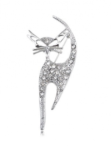 silver tone crystal cat pin with clear rhinestones and cutout ears and eyes