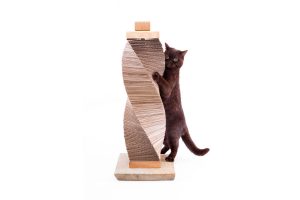 Charley and Billie Contemporary cat scratching post made from ethically sourced stone, sustainable oak and recycled cardboard