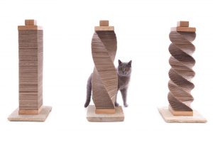 charley and billie contemporary cat scratching post. Handmade from ethically sourced sandstone with sustainable oak and recycled cardboard
