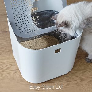 modkat Modern Cat Litter Box with an easy open lid to help you change the litter